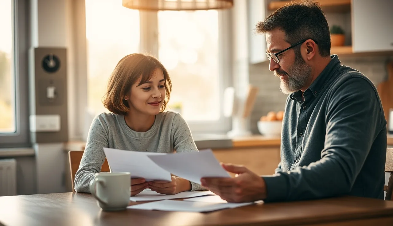 Parent and adult child reviewing disability benefit documents at a kitchen table