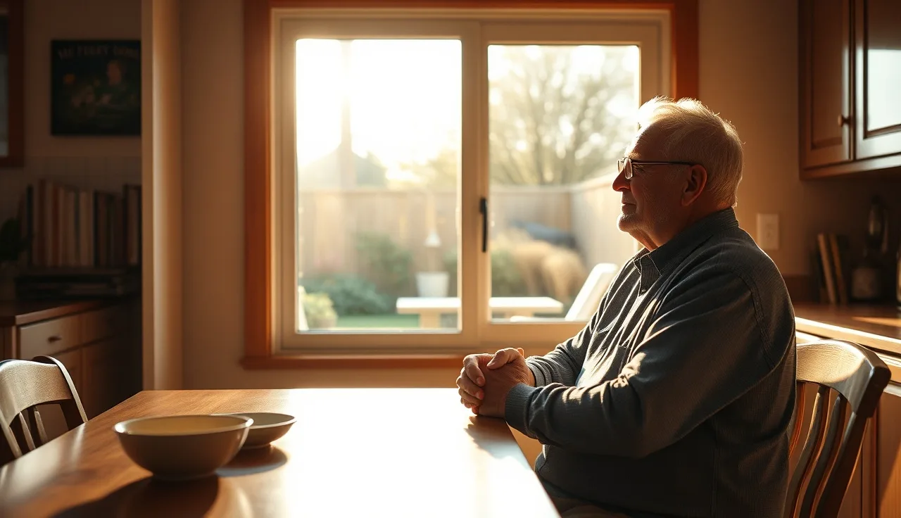 Older man sitting at kitchen table in morning light after receiving disability approval