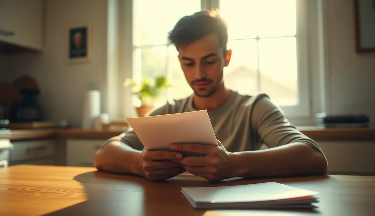 Person at kitchen table reviewing an official approval letter for disability back pay