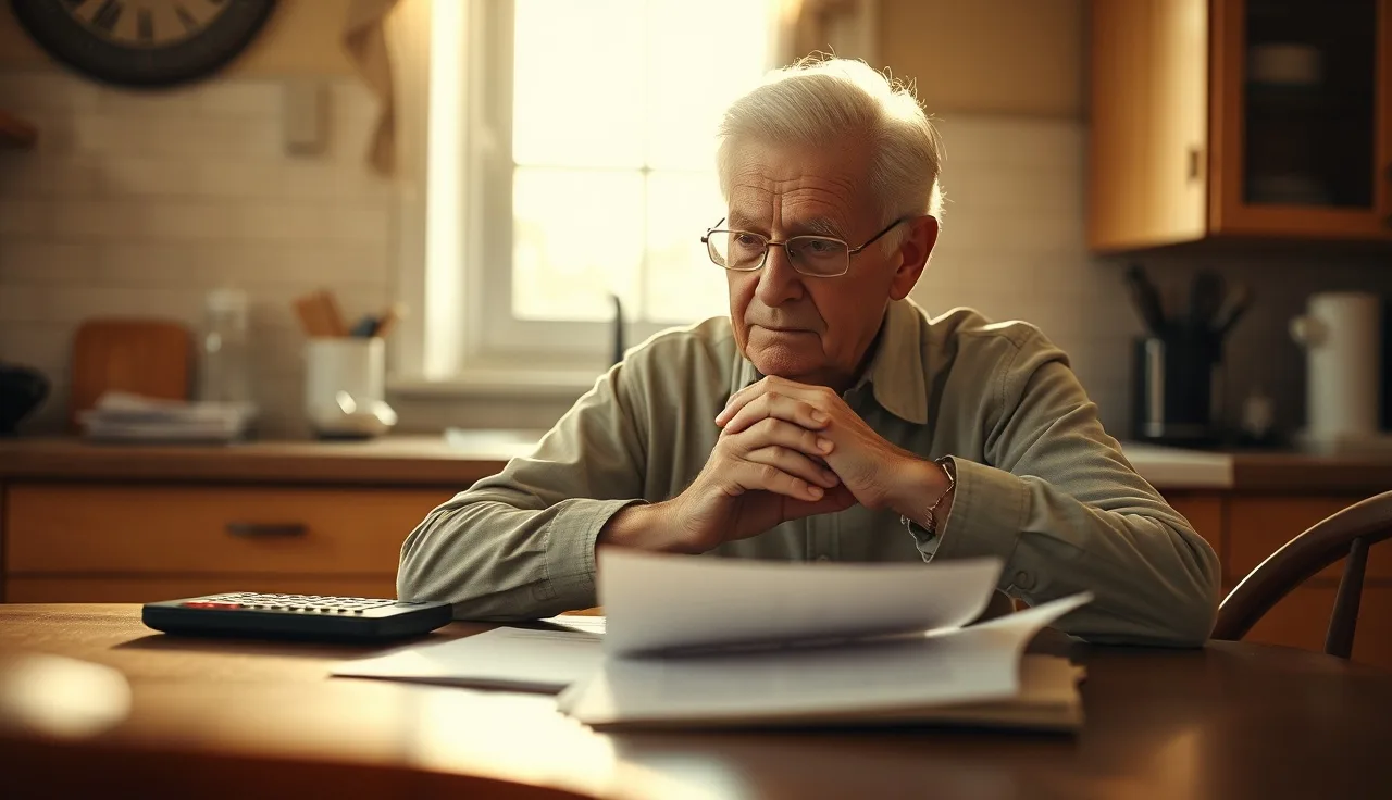 Person reviewing disability benefit documents at a kitchen table with a calculator