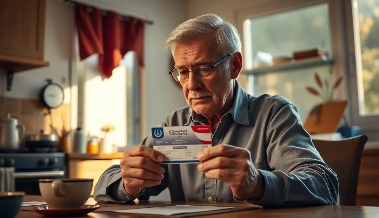 Man holding a Medicare insurance card at a kitchen table in morning light