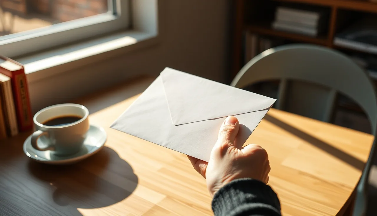 Person holding an official envelope at a kitchen table, SSDI back pay decision letter arriving