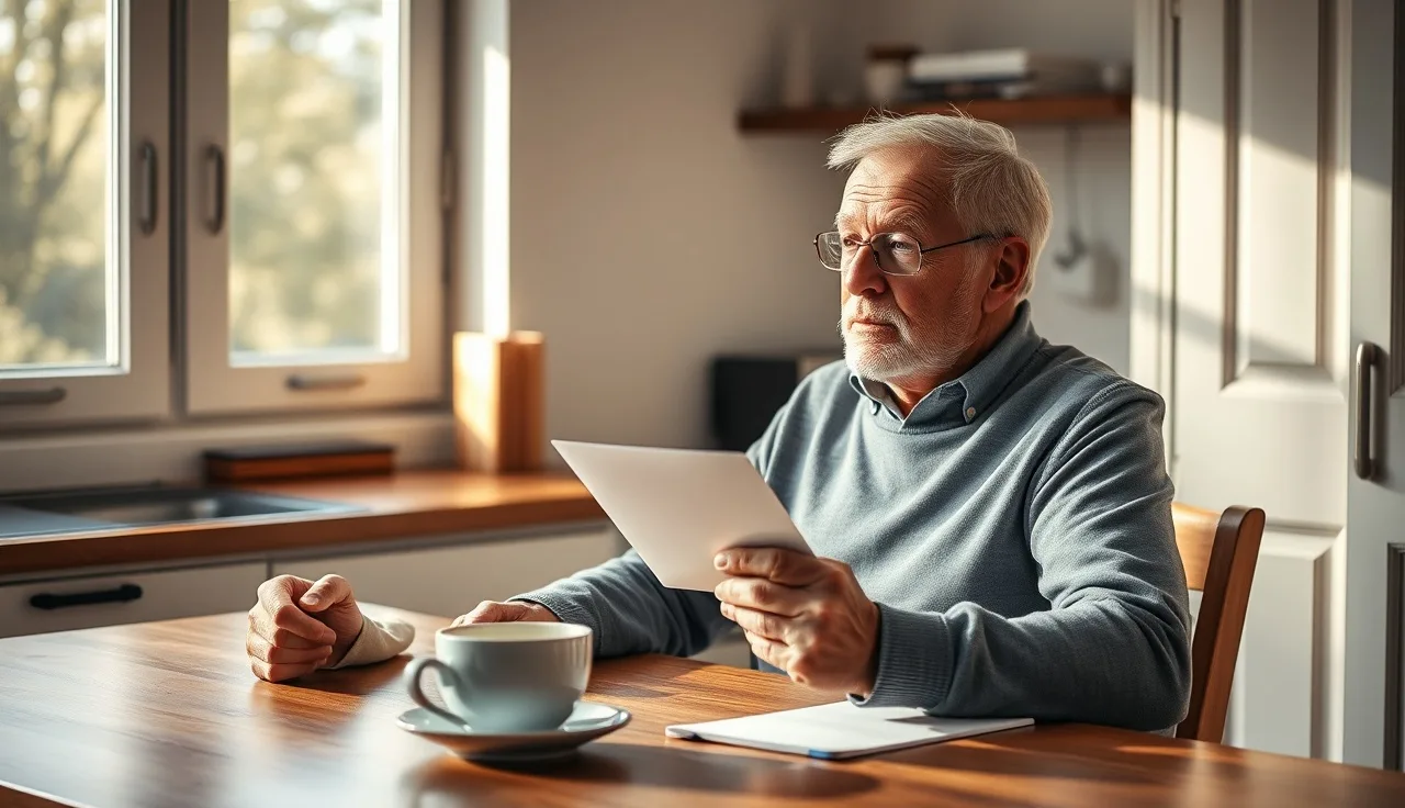 Man at kitchen table holding Medicare enrollment mail for SSDI disability coverage
