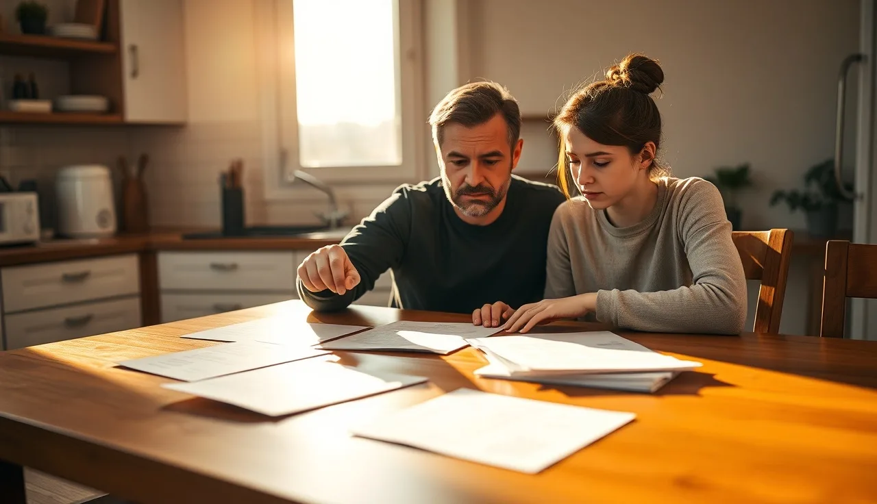 Parent and adult child reviewing disability paperwork together at kitchen table