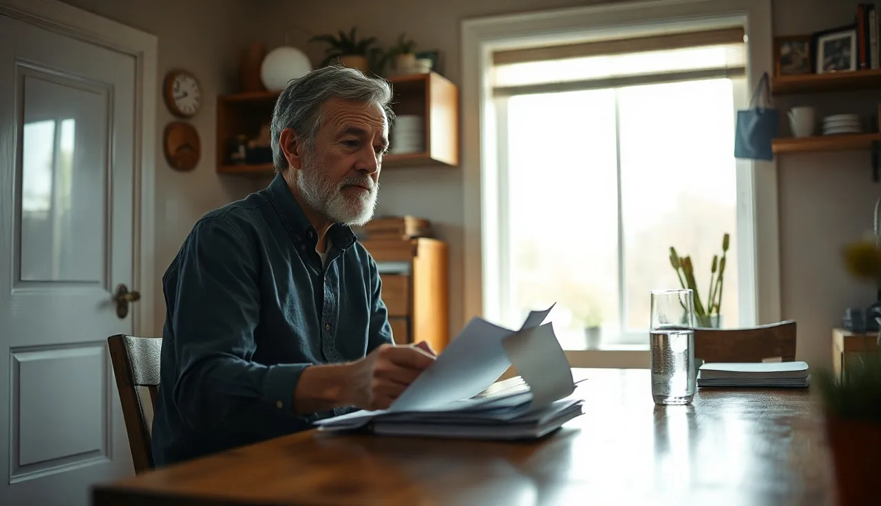 Person reviewing disability benefit paperwork at a kitchen table in morning light