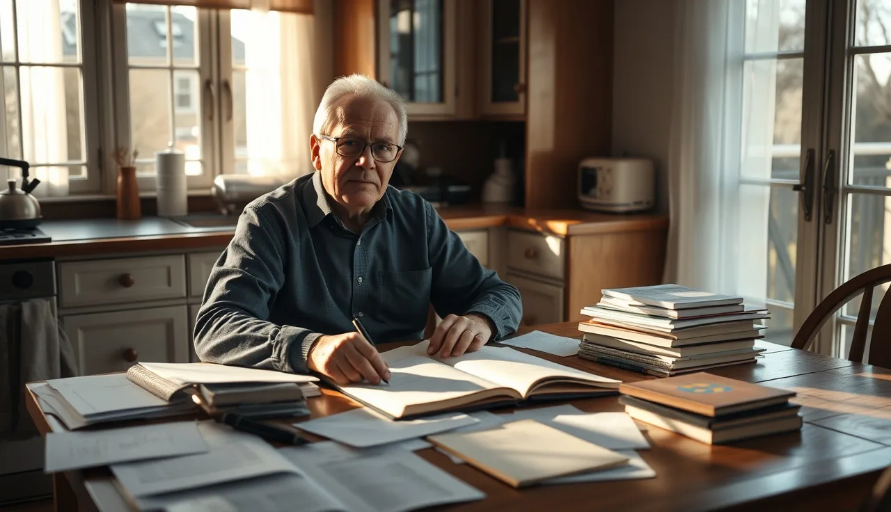 Older man reviewing disability paperwork at a kitchen table in morning light