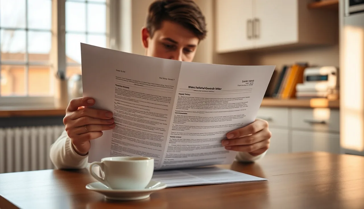Person reading an SSDI award letter at a kitchen table in afternoon light