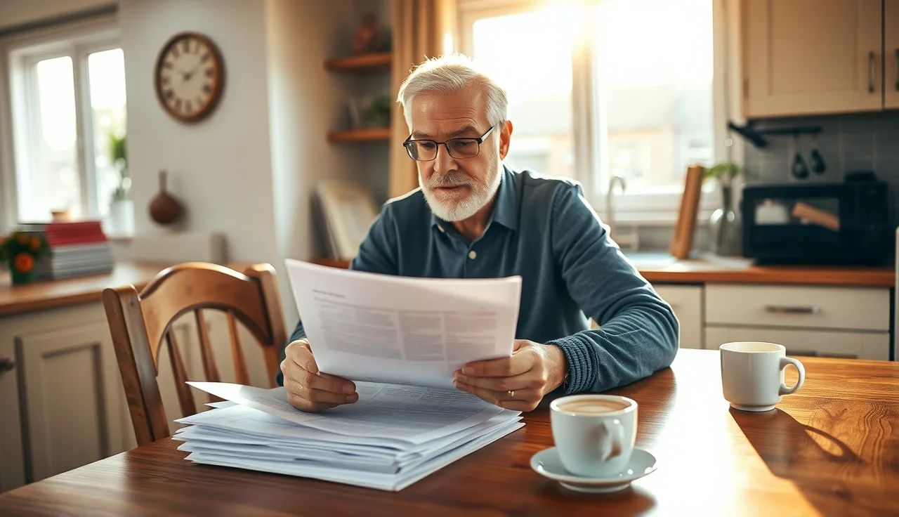 Person reviewing disability paperwork at a kitchen table in morning light