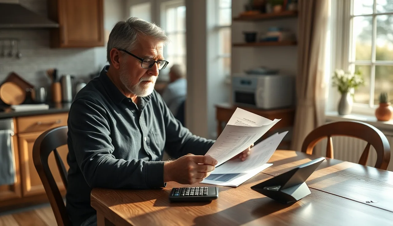 Person reviewing SSDI back pay documents at a kitchen table with a calculator