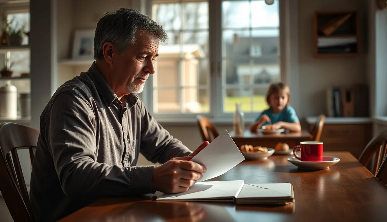 Parent reviewing official letter at kitchen table with children nearby, representing SSDI and child support concern