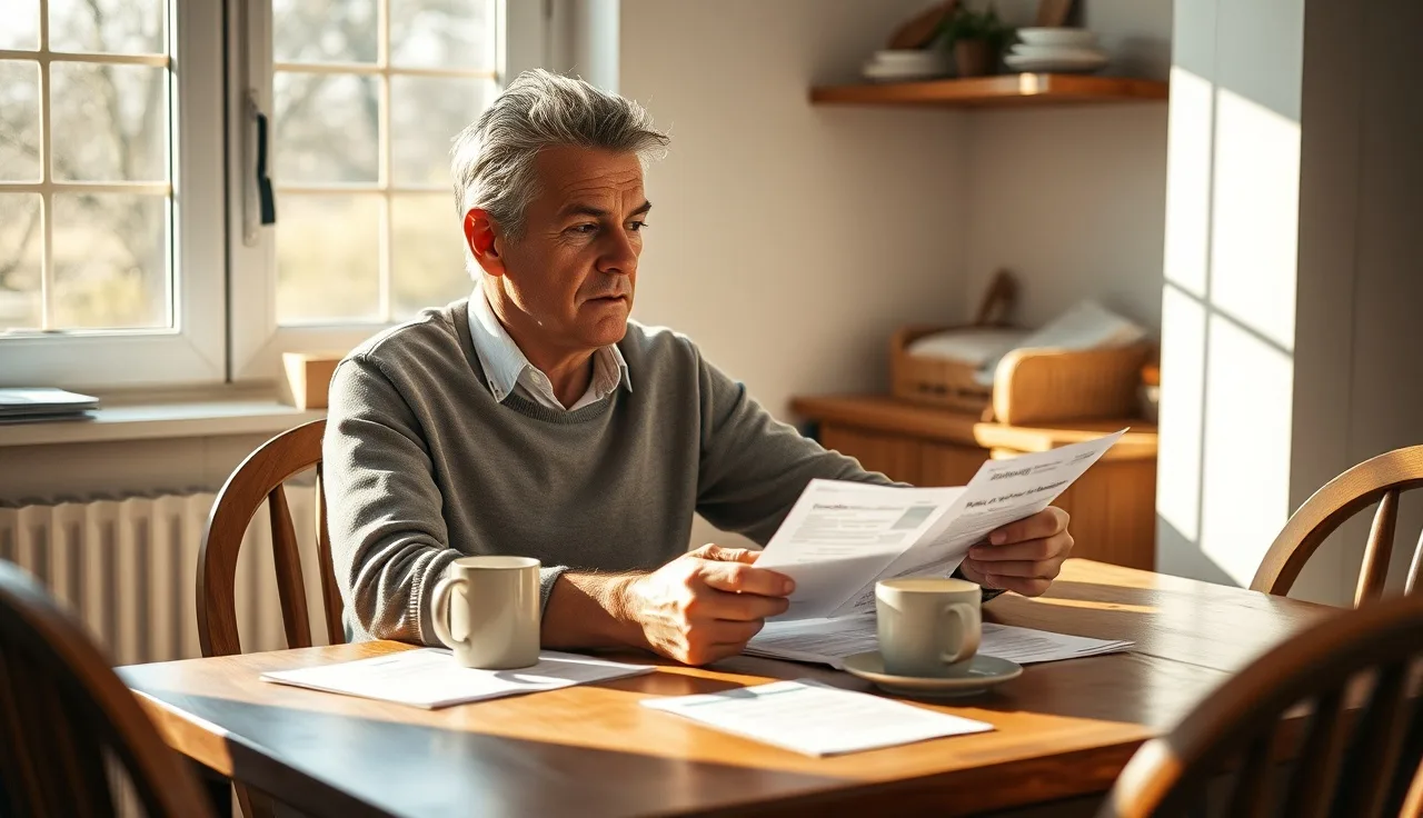 Person reviewing disability paperwork at a kitchen table in morning light