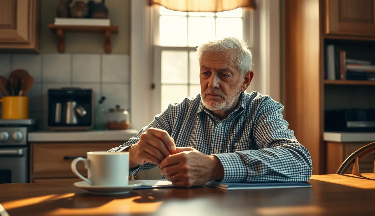 Older man reviewing disability paperwork at kitchen table in morning light