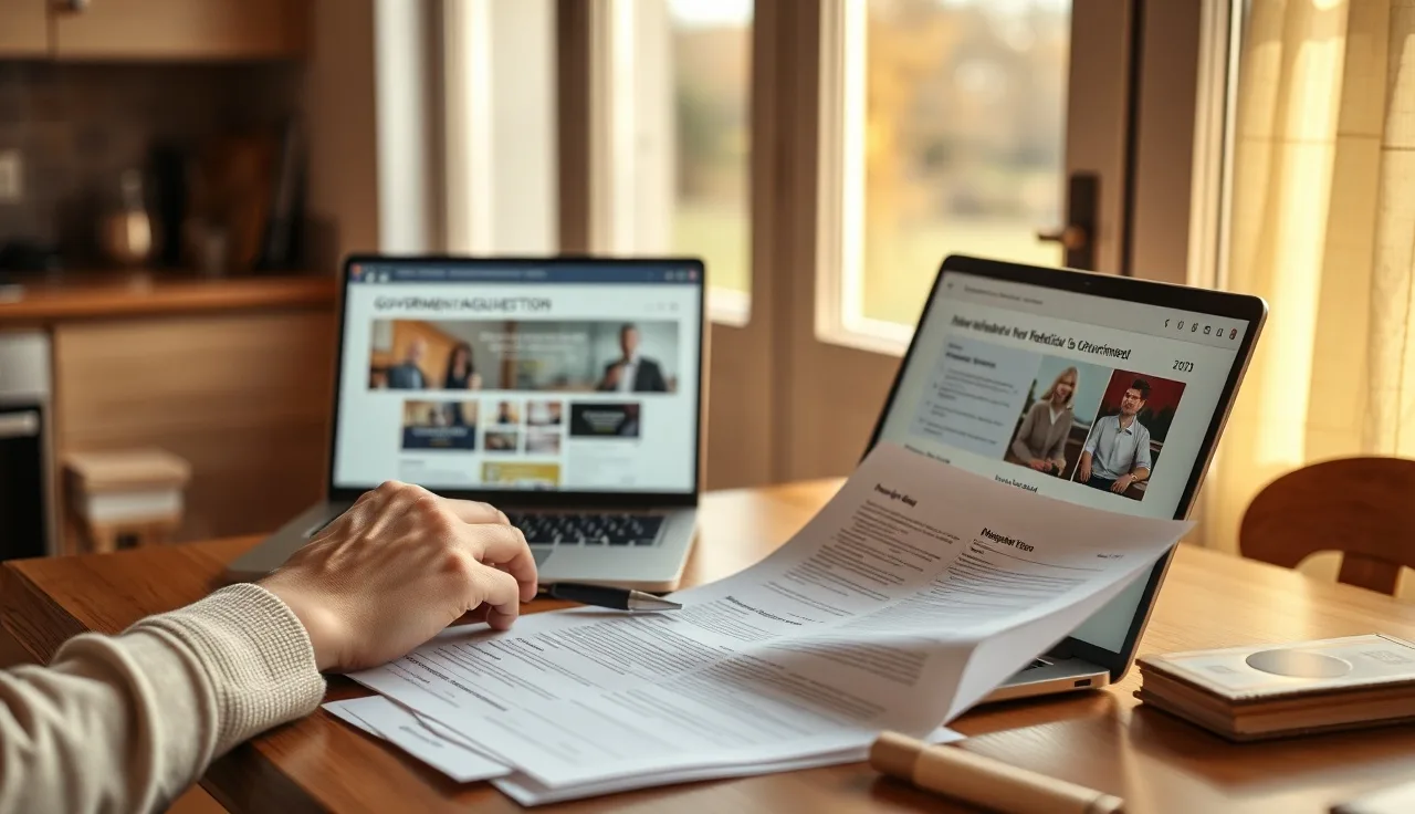 Person reviewing disability benefit paperwork at kitchen table while applying online