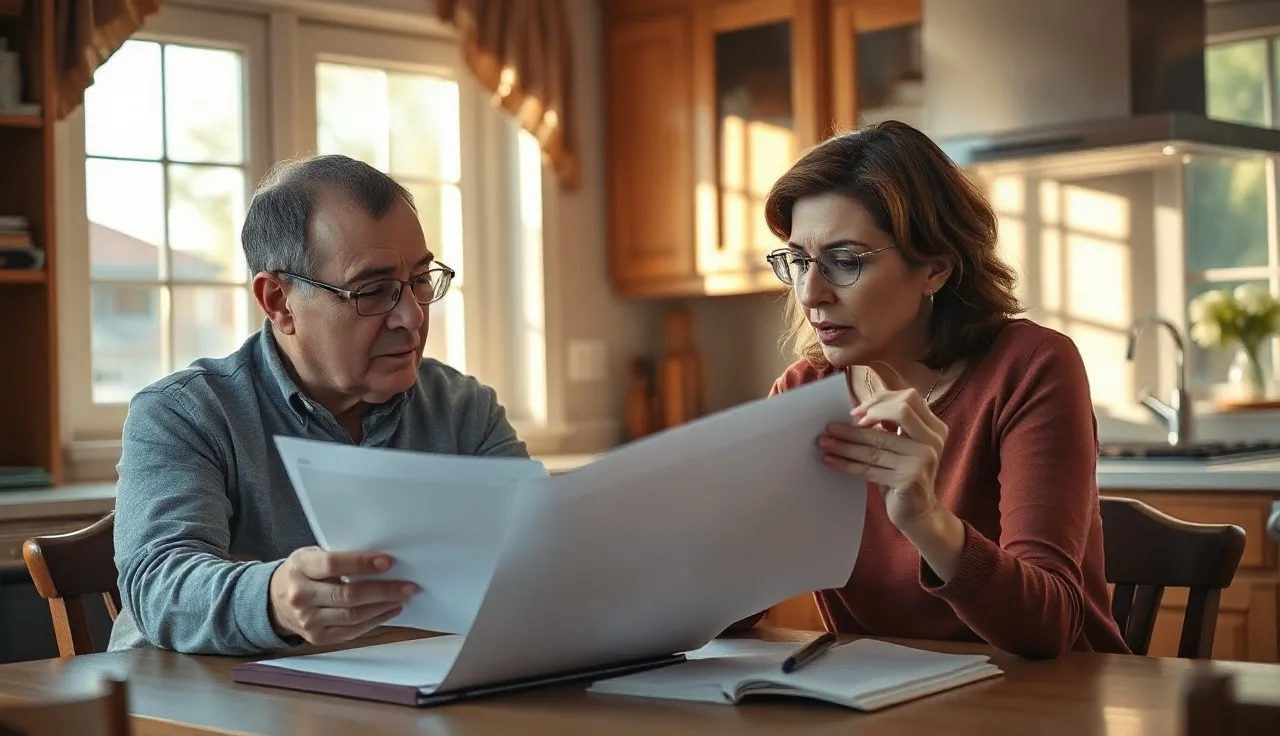 Two people reviewing Social Security disability documents at a kitchen table