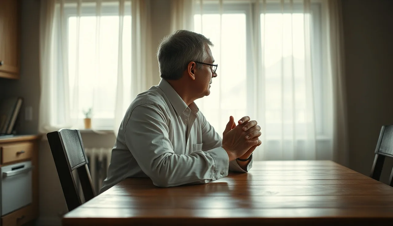 Person sitting at kitchen table looking out window, reflecting on mental illness disability claim