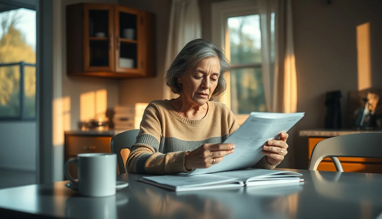 Woman reviewing disability paperwork at kitchen table with afternoon light