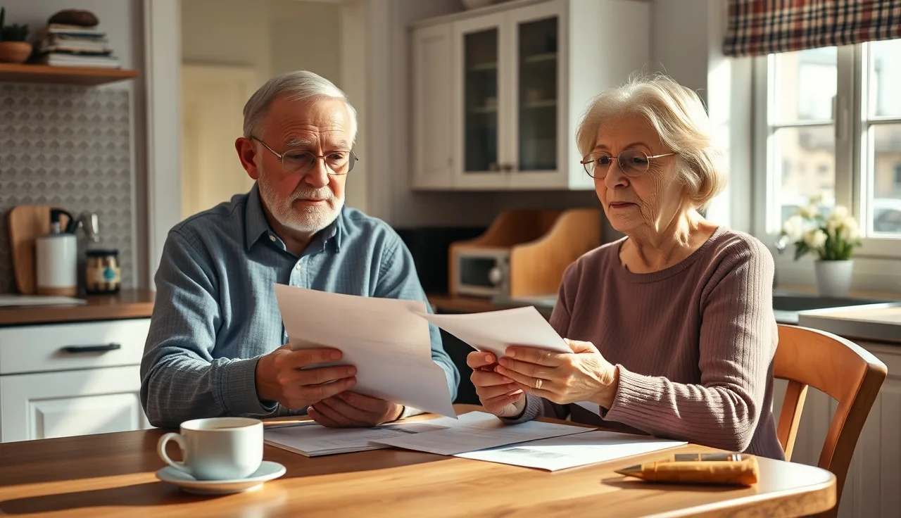 Couple reviewing disability benefit paperwork at a kitchen table in morning light