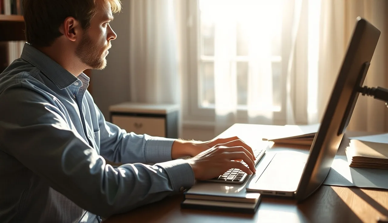 Person reviewing paperwork at a desk while working, considering disability benefits