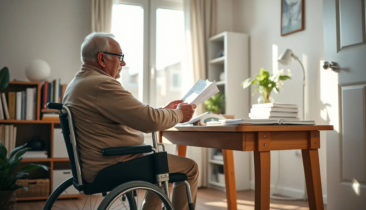 Person using a mobility aid working part time at a home desk on SSDI