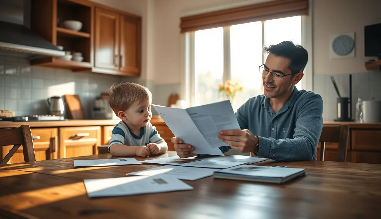 Adult reviewing benefit paperwork at a kitchen table with a child nearby