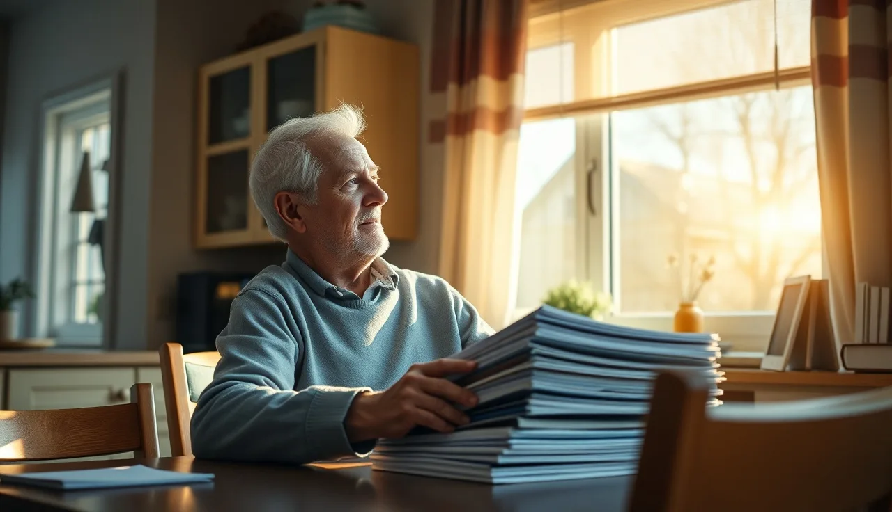 Elderly man at kitchen table resting hands on medical folders, disability claim context