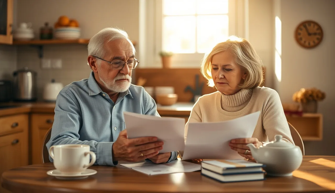 Elderly man and caregiver reviewing disability paperwork at a kitchen table in morning light