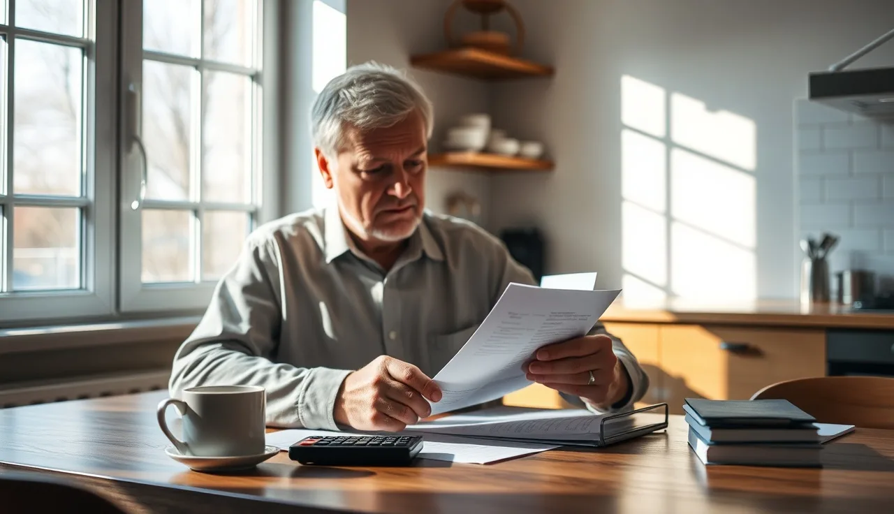 Man reviewing Social Security disability paperwork at a kitchen table in morning light
