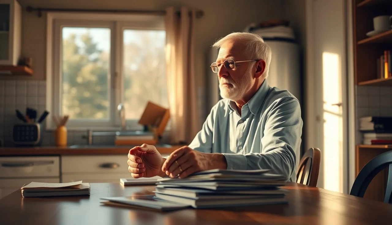 Older man at kitchen table with paperwork, applying for disability benefits