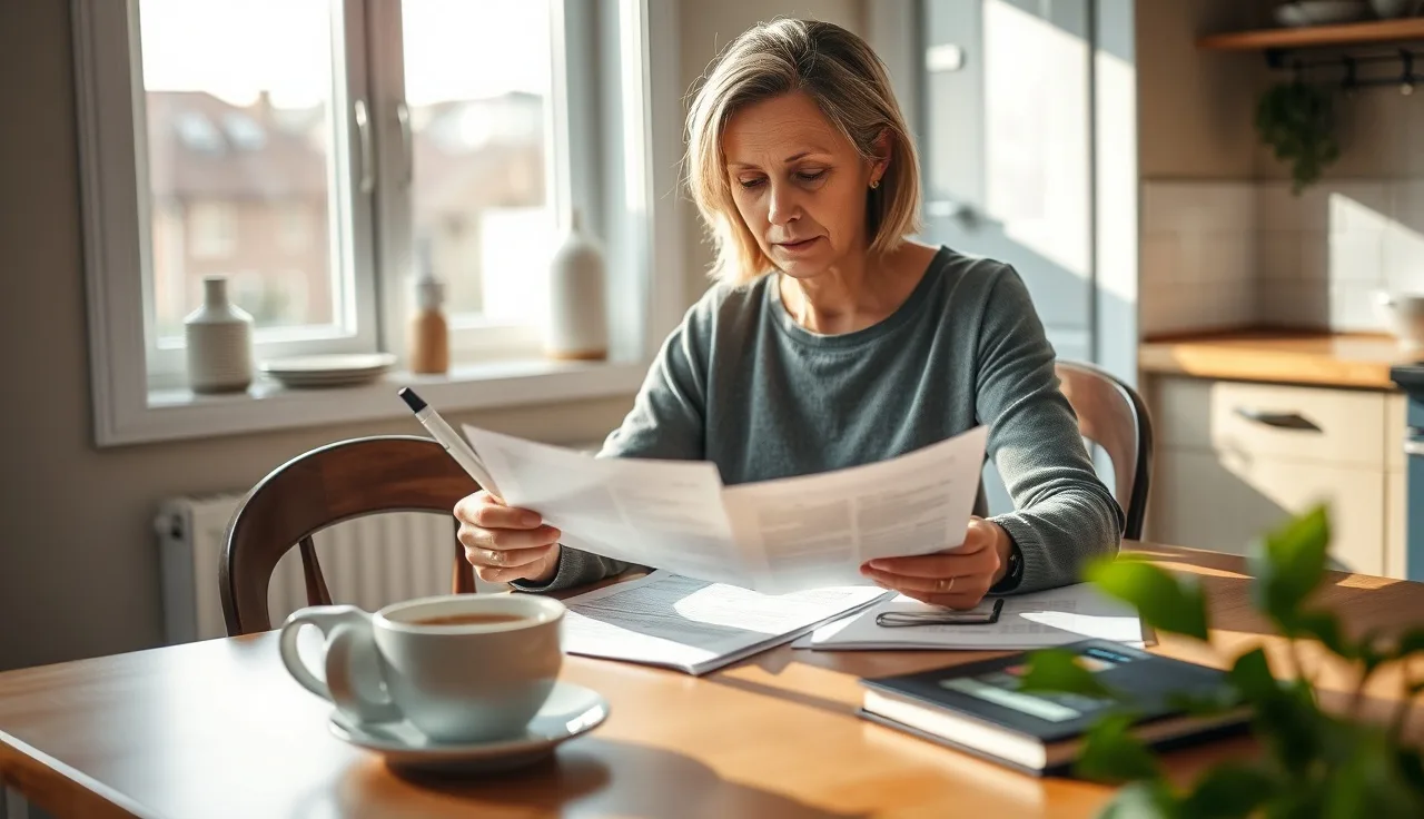 Woman reviewing disability benefit documents at a kitchen table in morning light