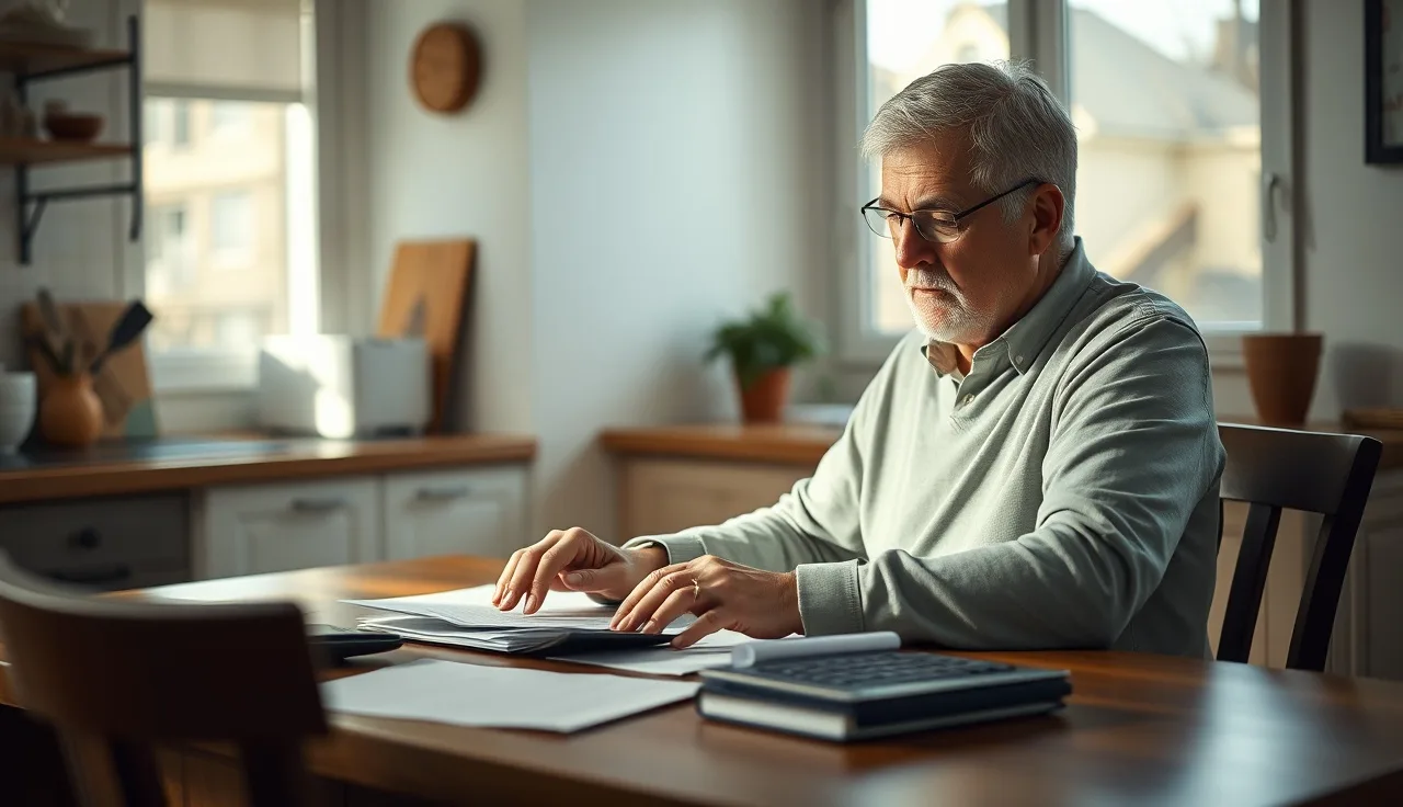 Person reviewing disability benefit paperwork at a kitchen table in morning light