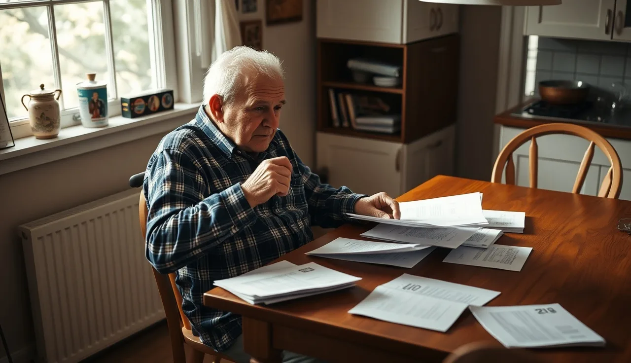 Older man with cane reviewing Social Security disability benefit papers at kitchen table