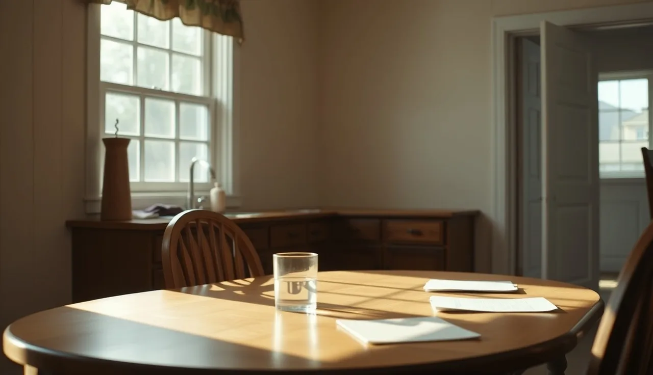 Person sitting at kitchen table in morning light, disability paperwork nearby