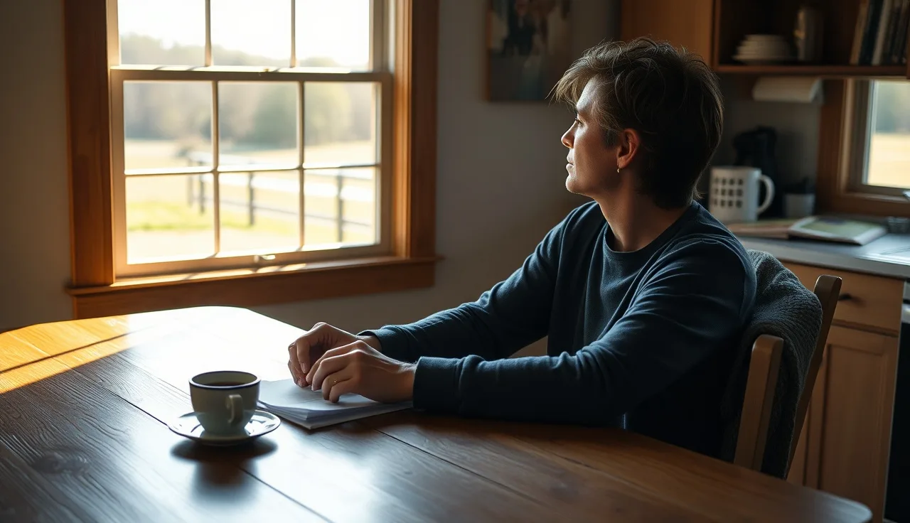 Person sitting at kitchen table with papers, morning light, preparing disability documents