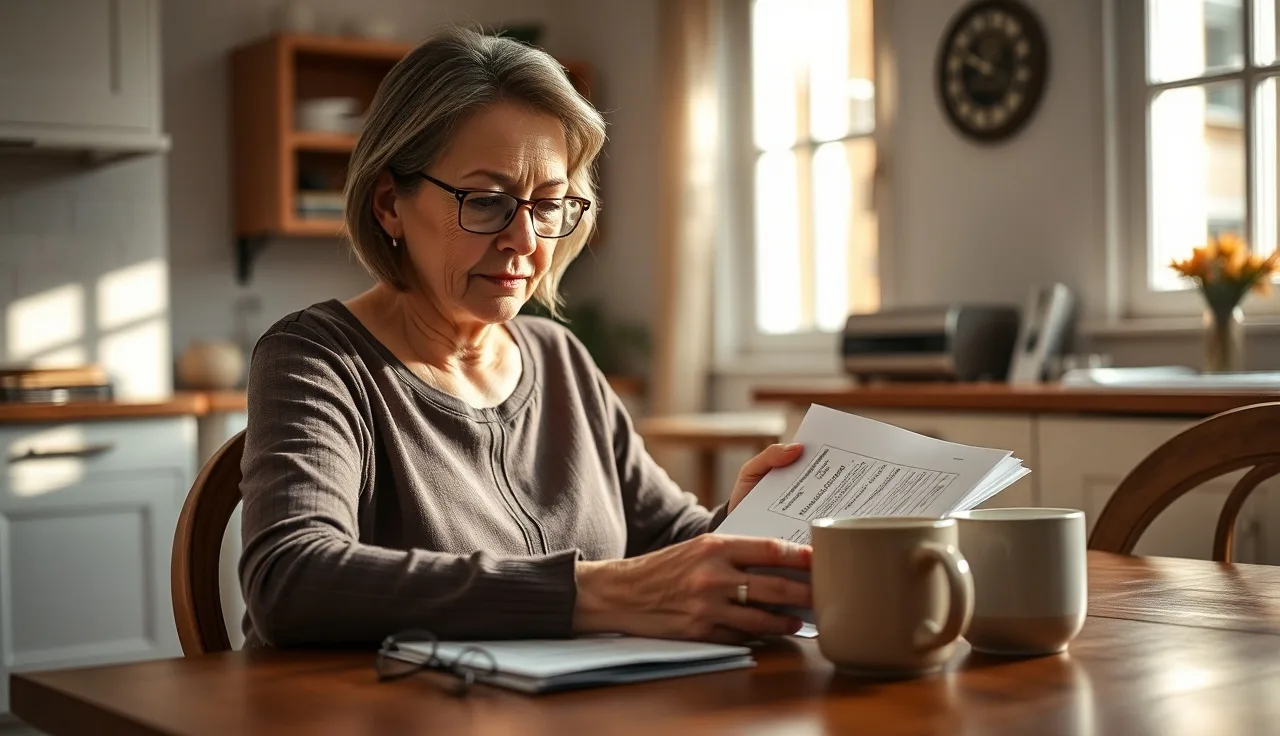 Woman reviewing disability claim paperwork at a kitchen table in morning light