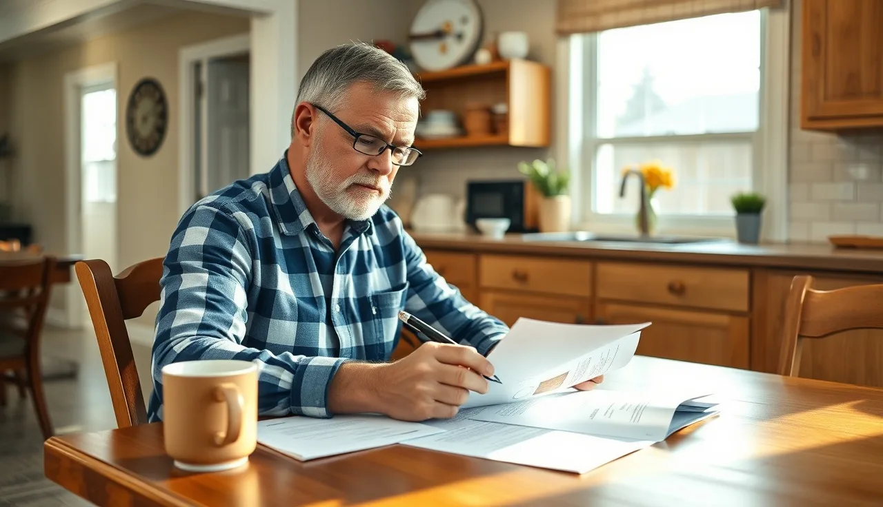 Man reviewing disability insurance documents at a kitchen table, morning light