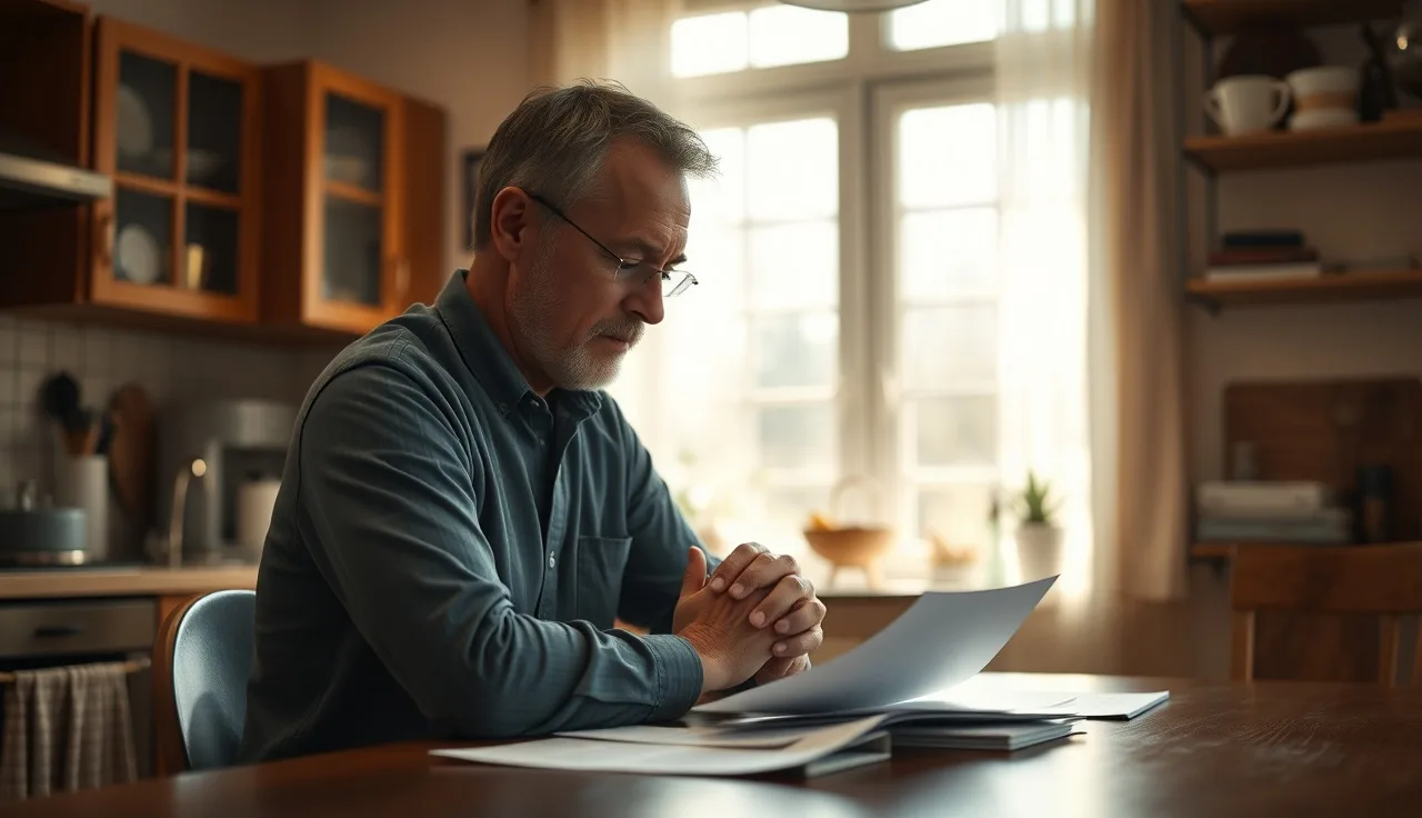 Man at kitchen table reviewing SSDI disability paperwork in morning light