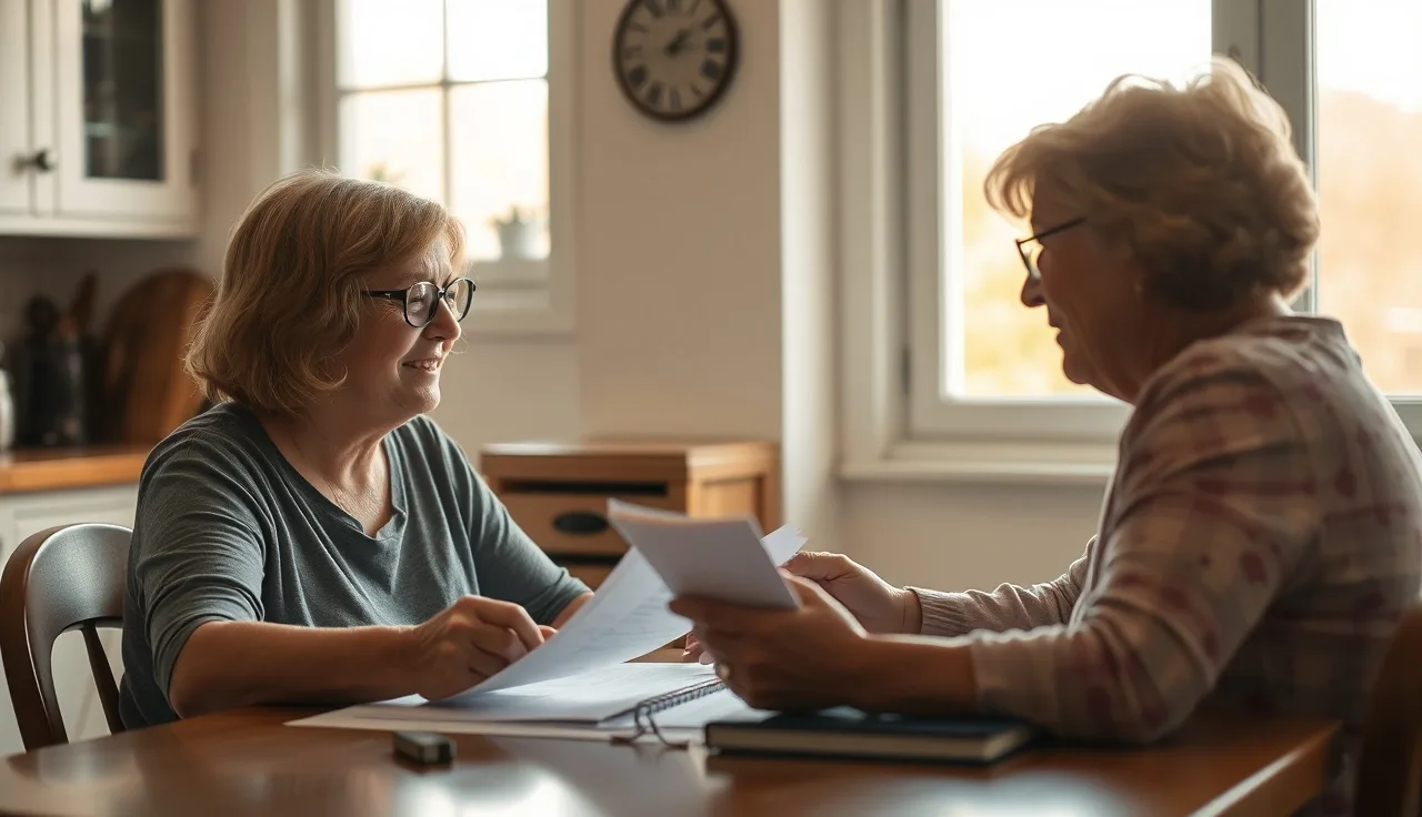 Adult woman with Down syndrome reviewing disability paperwork with her mother at home