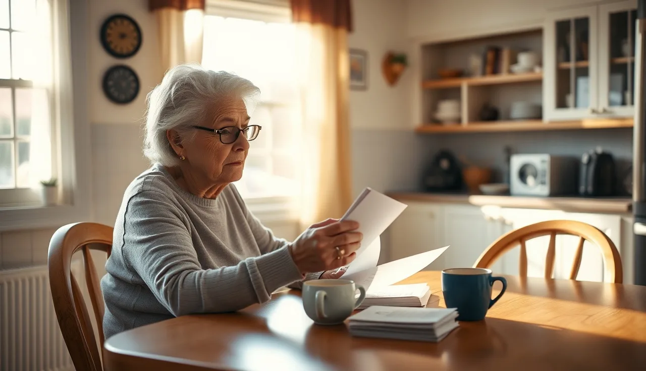 Woman with cane reviewing Medicare paperwork at kitchen table on SSDI
