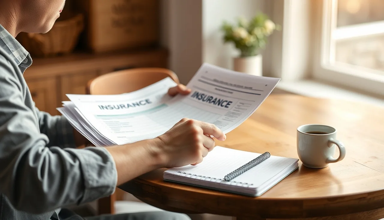 Person reviewing long-term disability insurance documents at a kitchen table