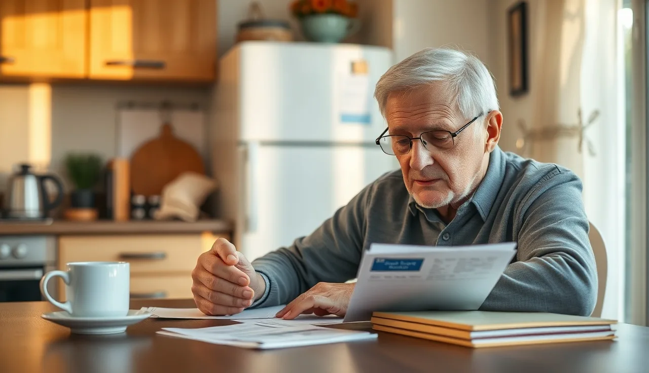 Man reviewing Medicare paperwork at kitchen table, disability benefits documents visible