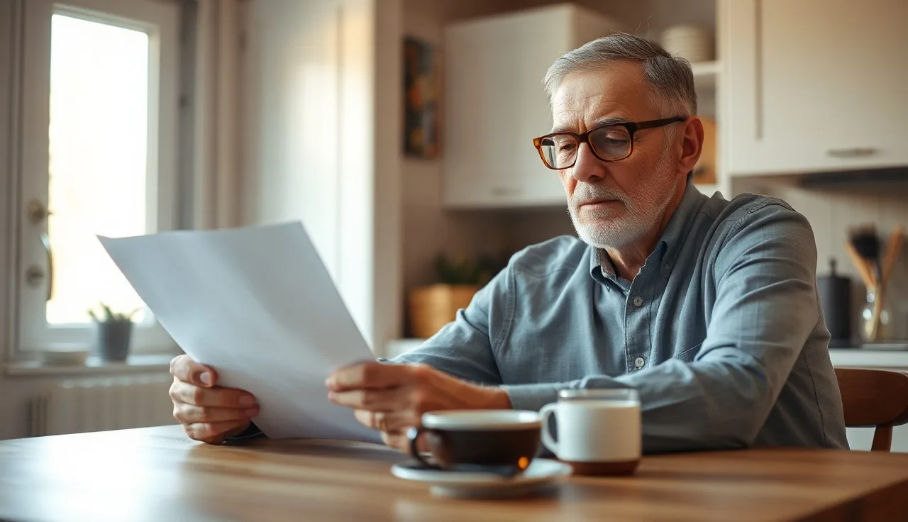 Older man reviewing Social Security disability documents at kitchen table