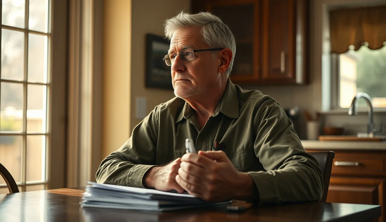 Veteran reviewing disability documents at kitchen table in morning light
