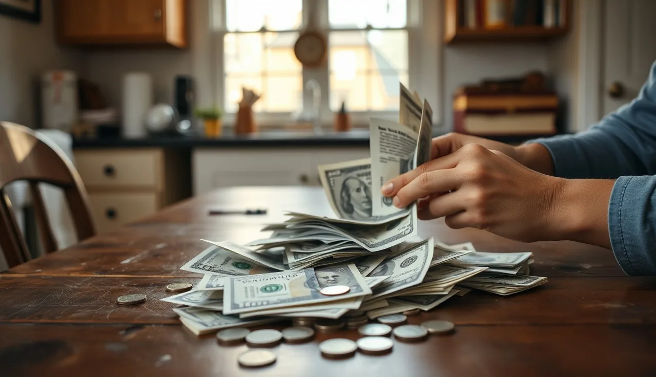 Hands counting money on a kitchen table after receiving disability back pay