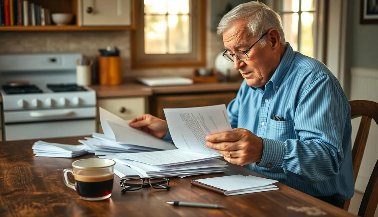 Man reviewing disability benefit paperwork at kitchen table, afternoon light