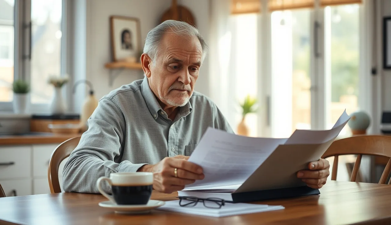 Man reviewing disability benefit documents at kitchen table in morning light