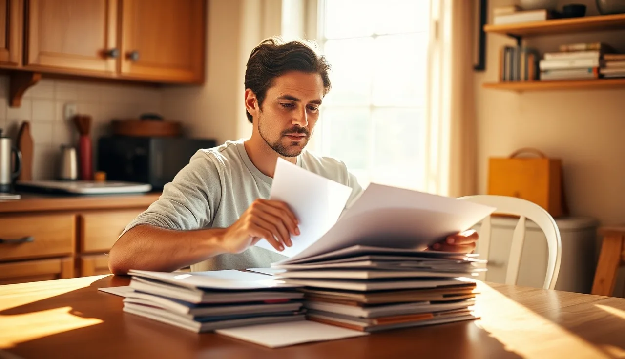 Person reviewing disability paperwork at kitchen table, calculating back pay