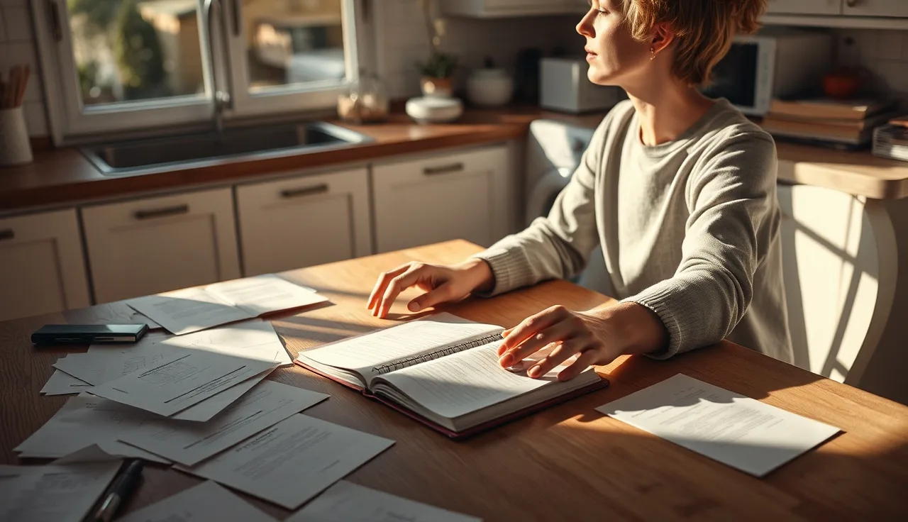 Person sitting at kitchen table with papers, appearing thoughtful about disability claim process