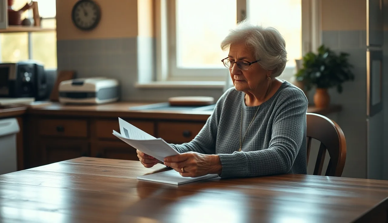 Older woman reviewing Social Security documents at a kitchen table in morning light