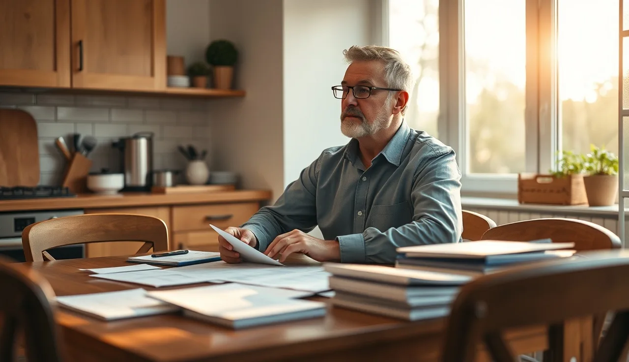 Federal worker reviewing disability benefit paperwork at a kitchen table in morning light