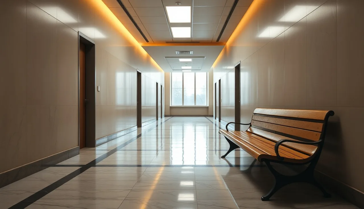 Empty federal building corridor with marble walls and warm afternoon light